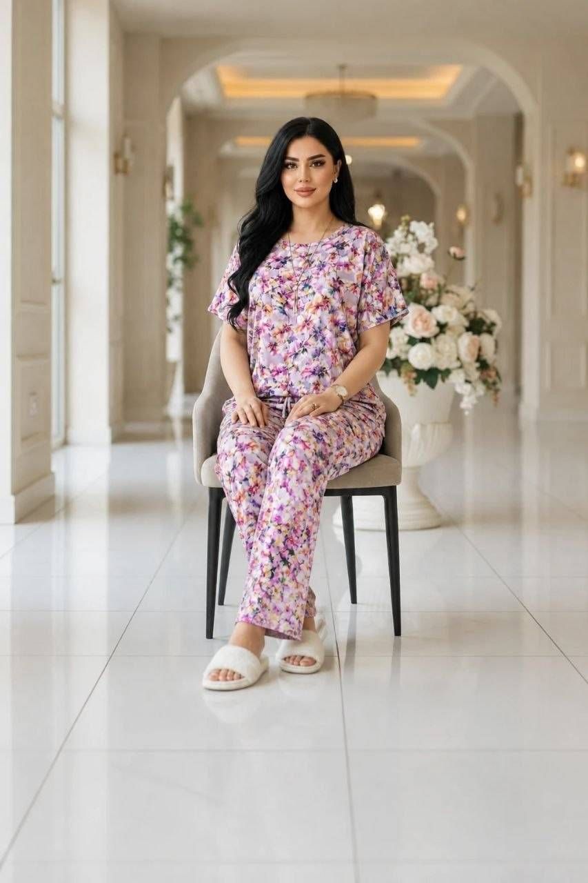 ست تیشرت شلوار نخی نگین دار زنانه