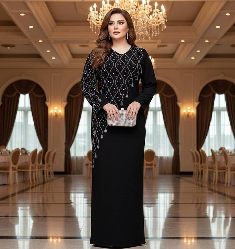 د مدل پیراهن مجلسی زنانه کرپ دالقیچ درجه یک مروارید دوزی نگین دوزی شده